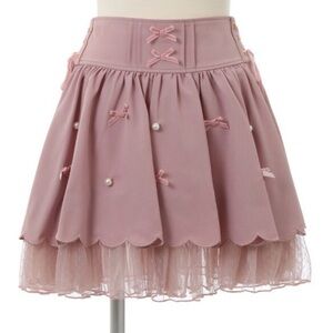 LIZ LISA Blush Pink Bow & Pearl Scalloped Mini Skirt
